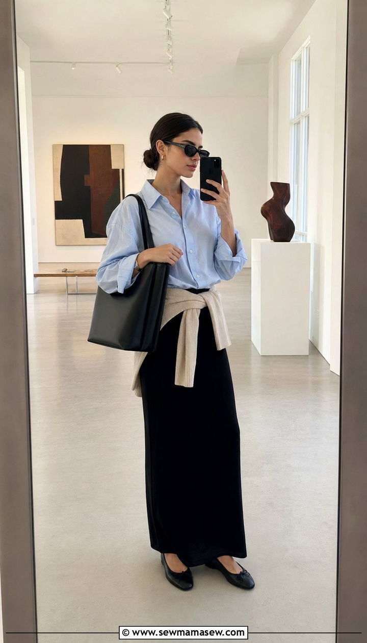 Crisp Blue Shirt and Sleek Black Maxi Skirt - 35 modest classy outfits