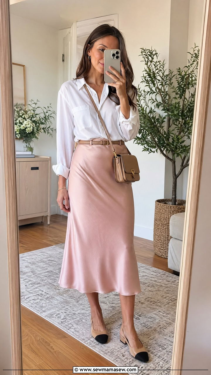 Crisp Button Down Shirt and Midi Skirt - 35 spring business casual outfit ideas