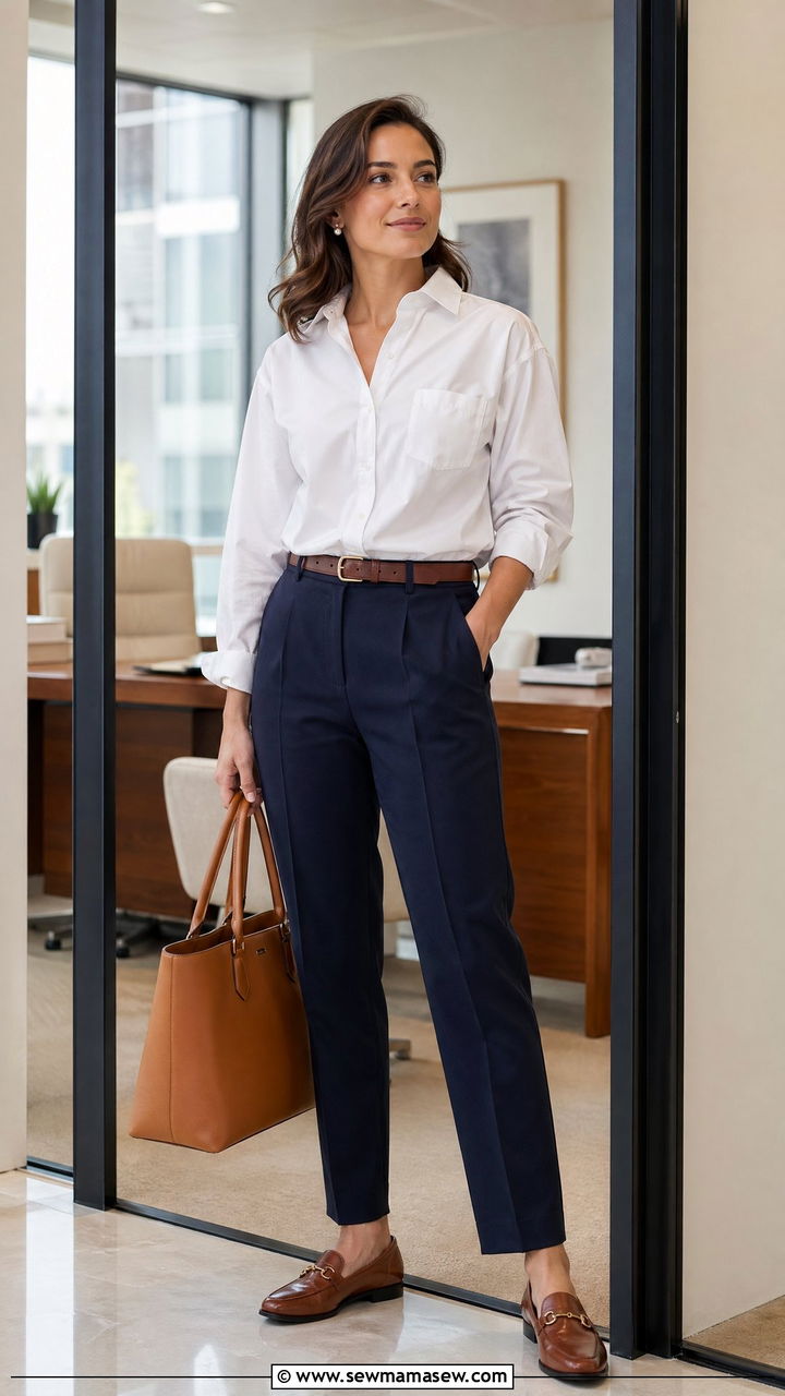 Crisp White Button Down Shirt With Tailored Navy Trousers - 35 classy quiet luxury outfits