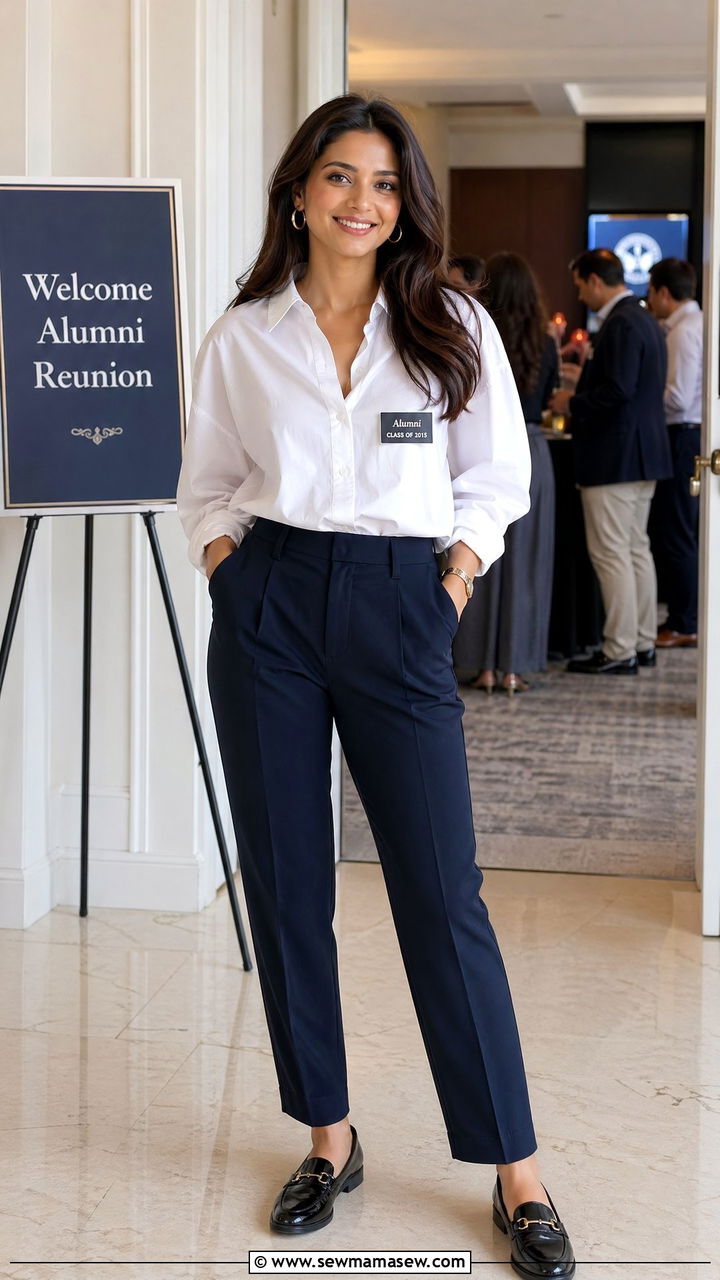 Crisp White Button Down Shirt With Tailored Trousers - 35 College reunion outfit ideas