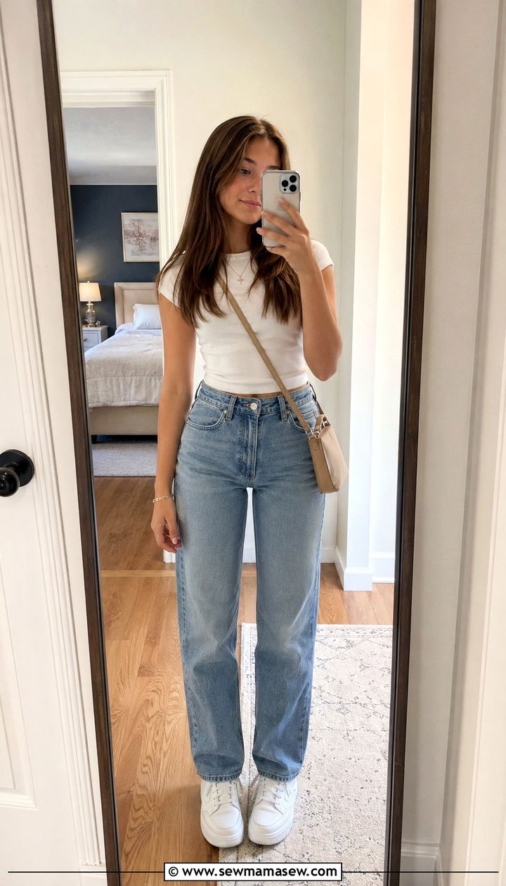 Crisp White Ribbed Tee and High Waisted Straight Leg Jeans - 35 school outfits 2026