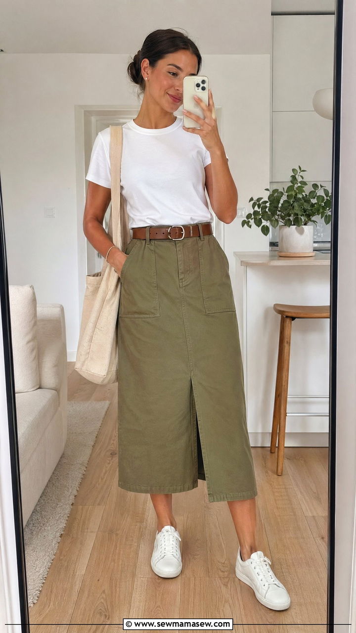 Crisp White Tee With Khaki Utility Skirt - 35 Skirt outfit ideas for women over 40