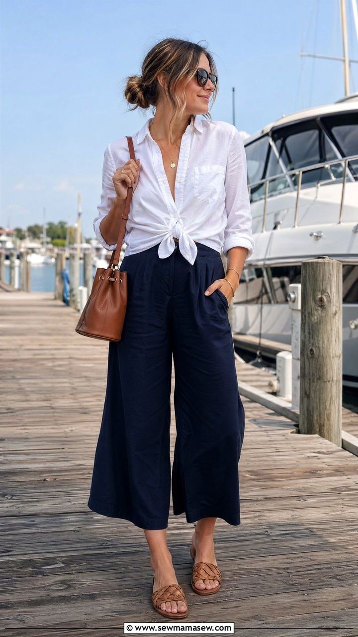 Crisp button down shirt with culottes - 35 classy hot weather outfits