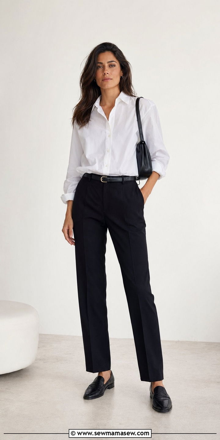 Crisp white shirt with black tailored trousers outfit - 35 quiet luxury outfits ideas