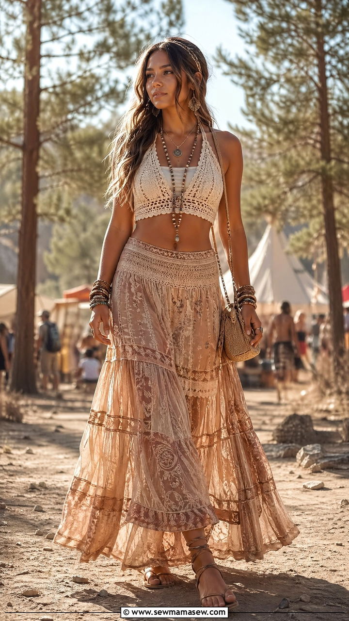 Crochet Bralette And Maxi Skirt Summer Concert Outfit - 35 summer concert outfit ideas for women