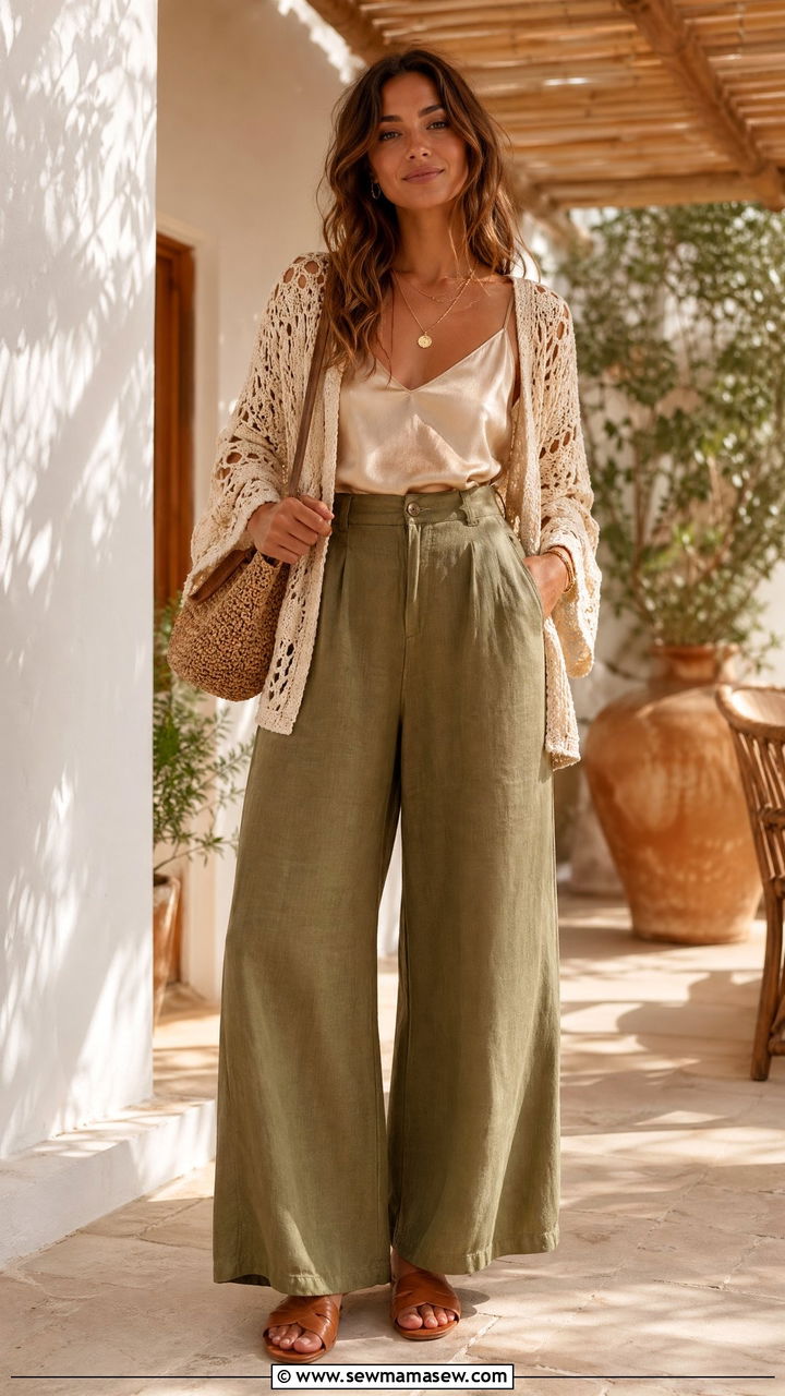 Crochet Cardigan With Camisole And Linen Pants - 35 Western boho outfit ideas