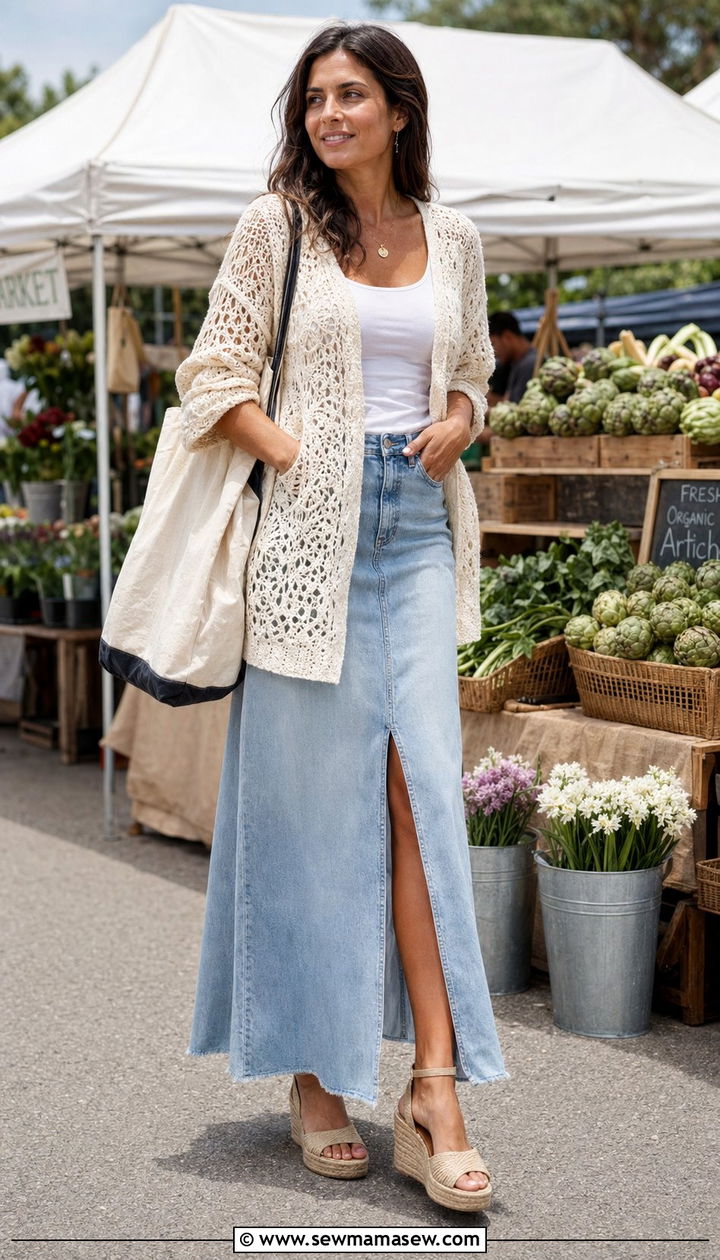 Crochet Cardigan and Denim Maxi Skirt - 30 Aesthetic spring outfits