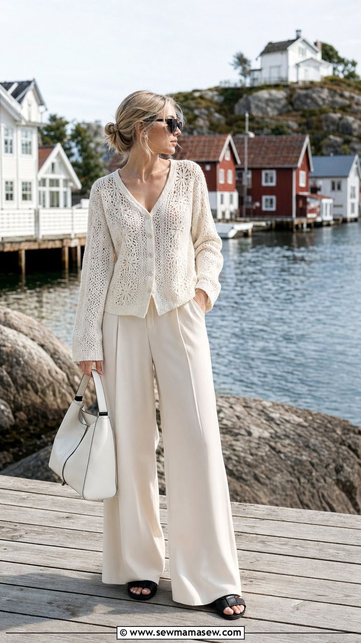 Crochet Cardigan and Fluid Trousers Outfit - 35 scandinavian outfits for women