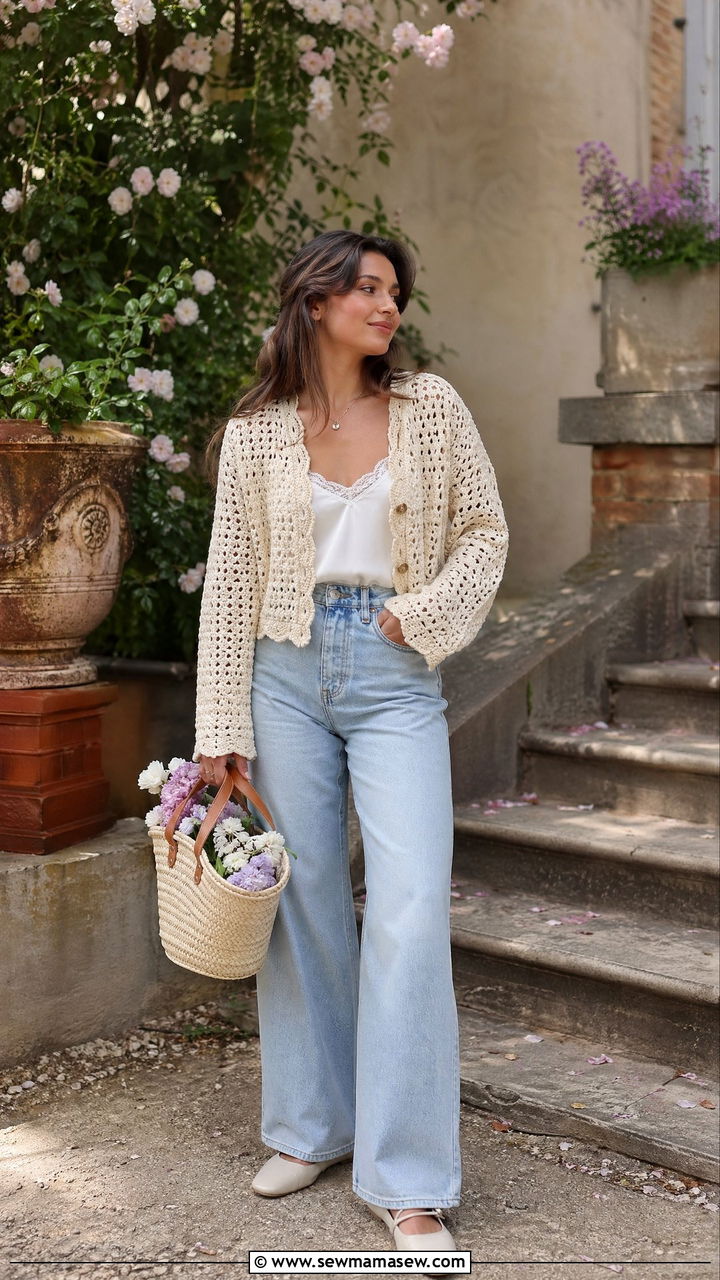 Crochet Cardigan with Wide Leg Jeans and Basket Bag - 35 Spring Paris outfit ideas