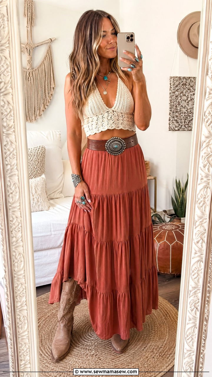 Crochet Crop Top With Tiered Maxi Skirt - 35 Western boho outfit ideas