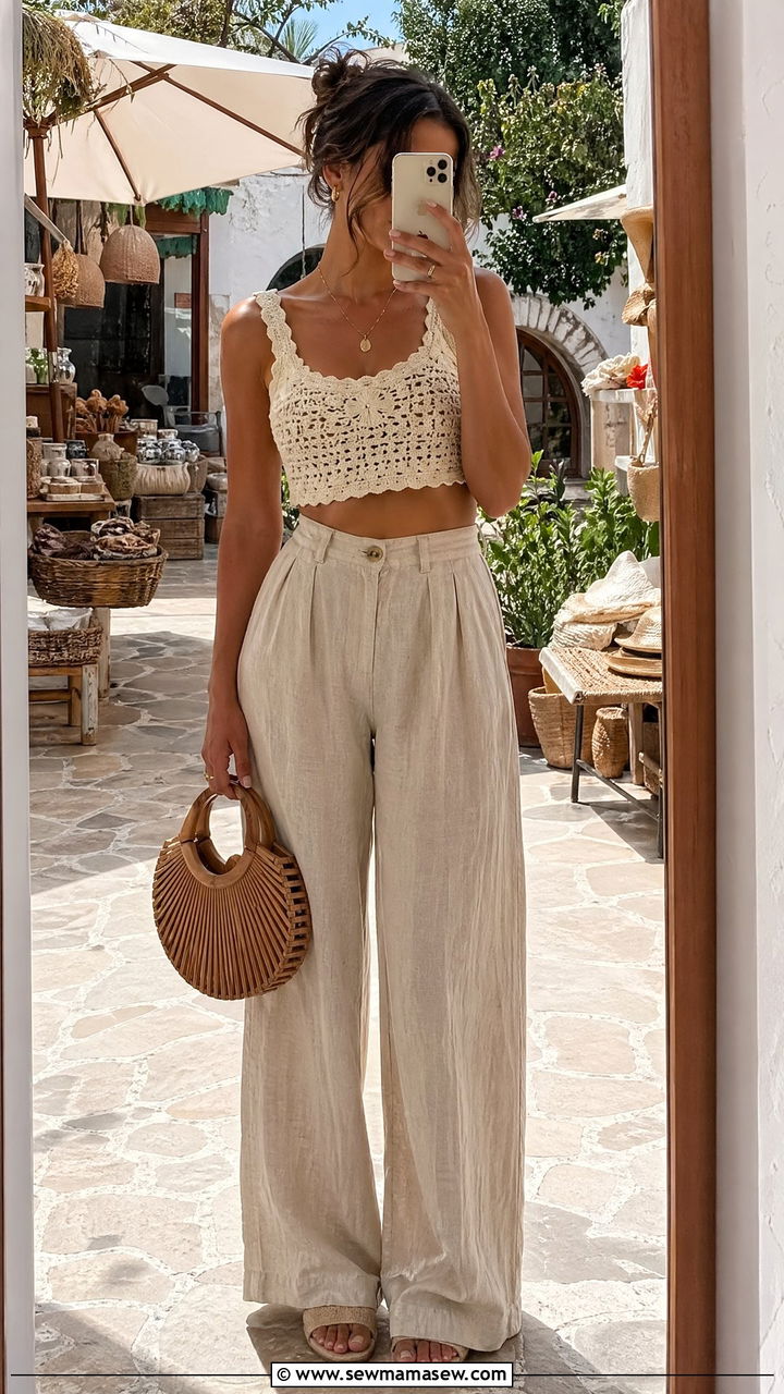 Crochet Crop Top with High Waisted Linen Trousers - 35 Summer brunch outfits
