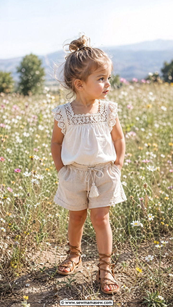 Crochet Detail Top with Linen Shorts and Sandals - 35 Spring outfits for toddlers