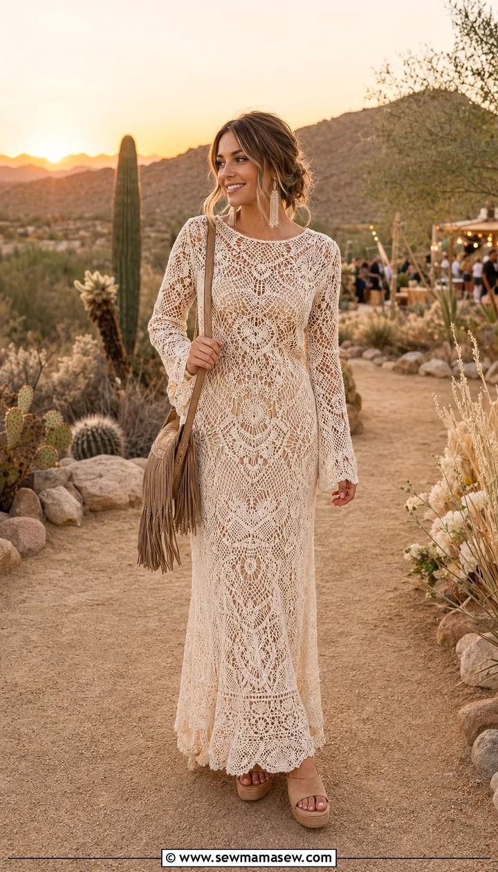 Crochet Dress With A Slip And Platform Sandals - 35 Modest outfit ideas for wedding guest