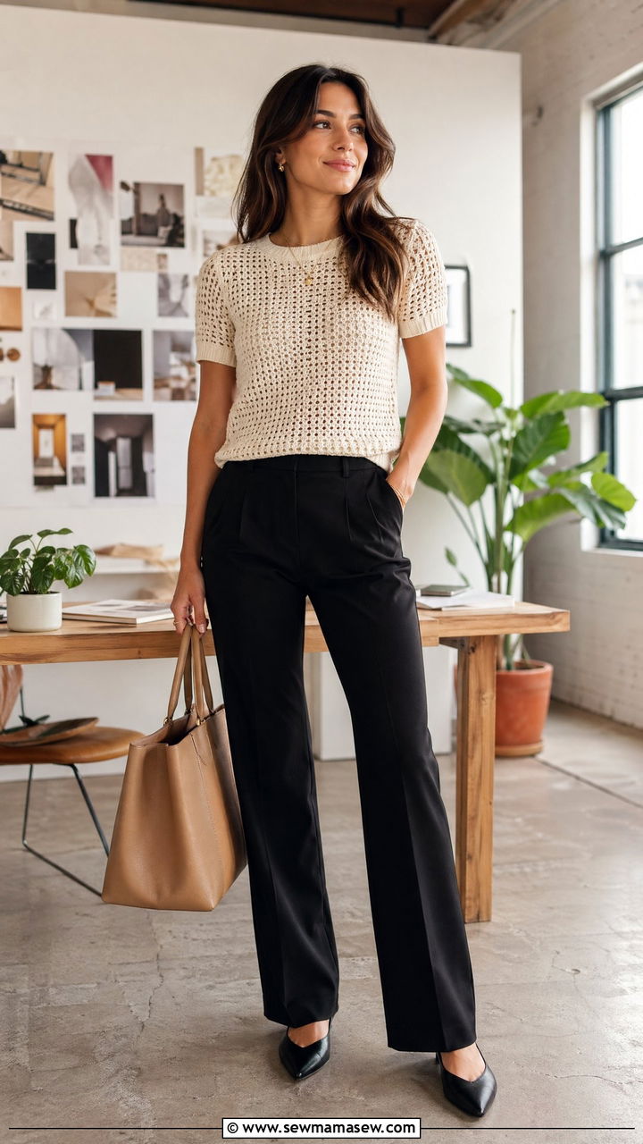 Crochet Knit Top and Tailored Trousers - 35 summer business casual outfit ideas