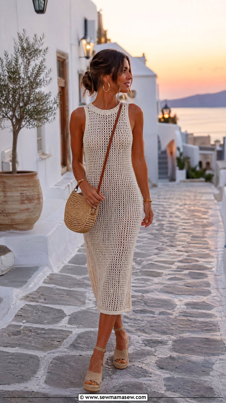 Crochet Midi Dress With Wedge Espadrilles - 35 vacation outfits 2026