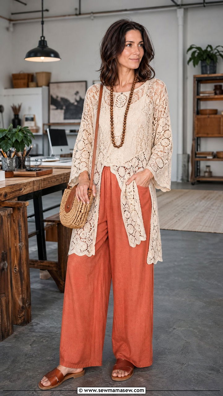 Crochet Overlay Tunic With Terracotta Linen Pants Spring Boho - 35 spring boho outfit ideas