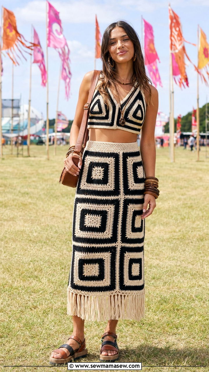 Crochet Set With Fringe and Platform Sandals Outfit - 35 music festival outfit ideas for women