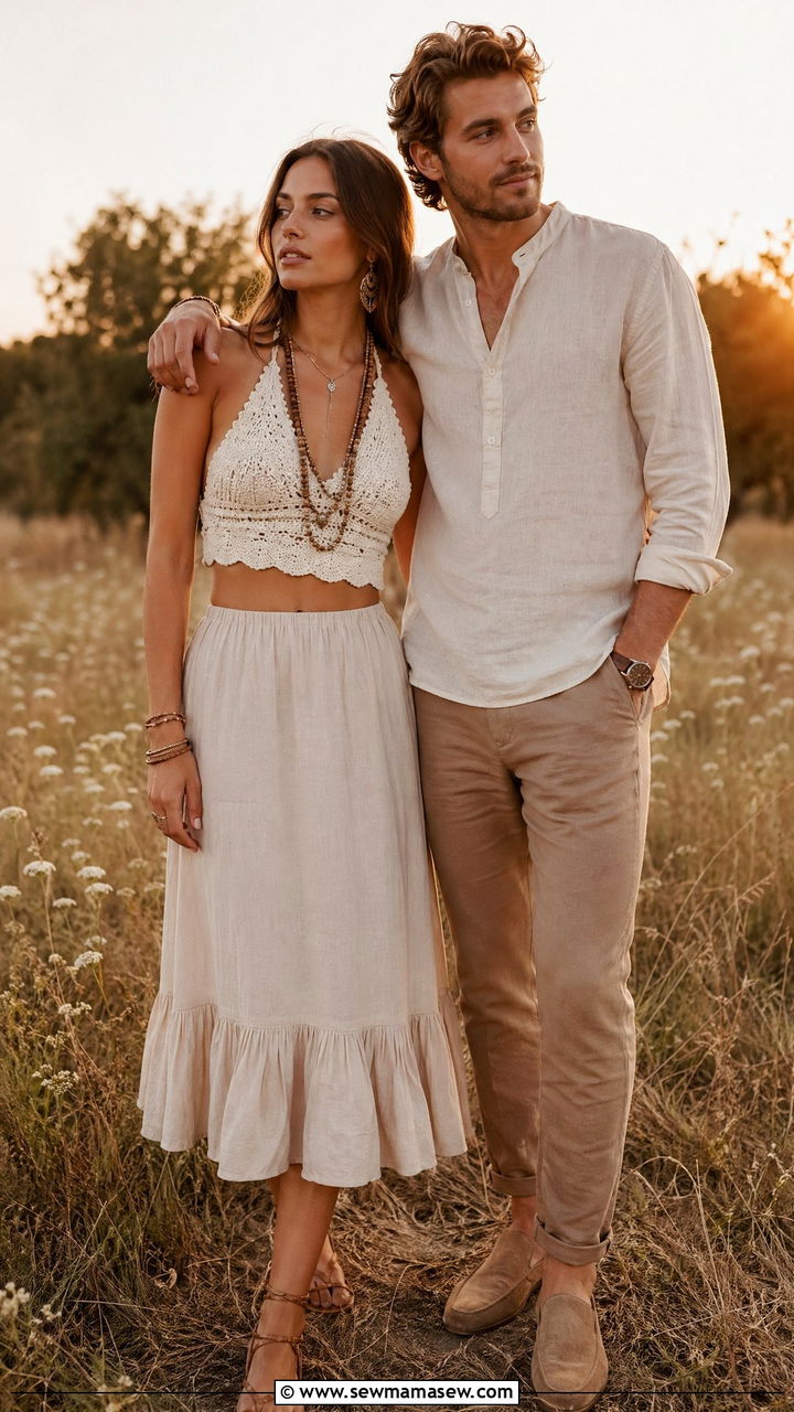 Crochet Set and Linen Trousers Bohemian Couple Outfit - 35 Couples photoshoot outfit ideas