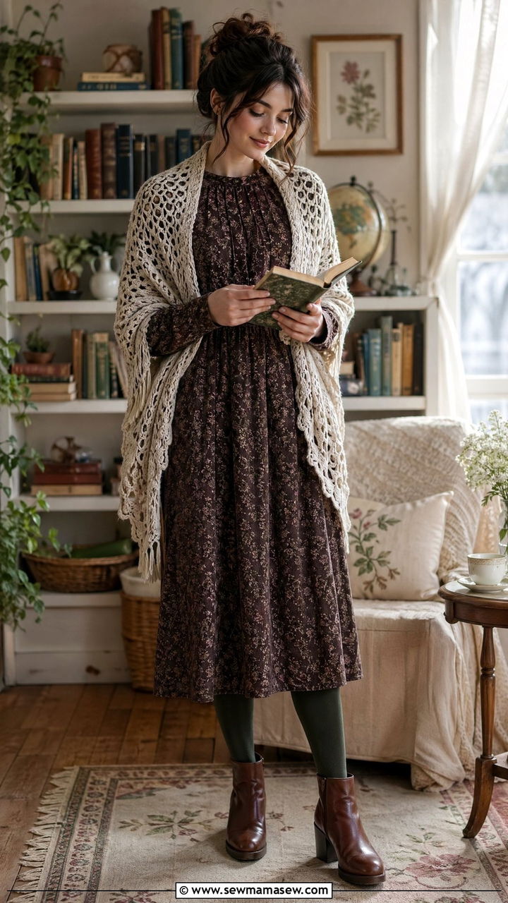 Crochet Shawl Over Long Sleeve Dress With Thick Tights - 35 Cottagecore outfit ideas