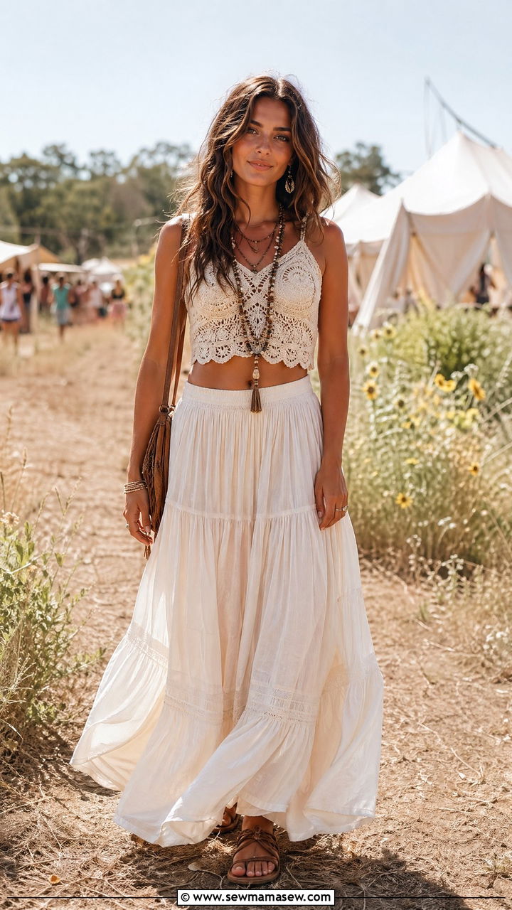 Crochet Top With Flowy Maxi Skirt And Flat Sandals - 35 spring feminine outfit ideas
