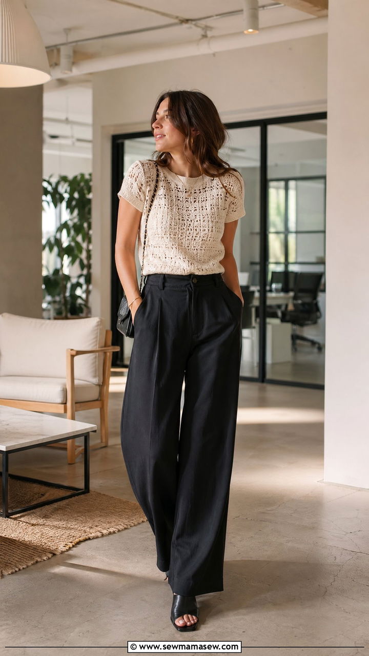 Crochet Top With High Waist Trousers And Mules - 35 Summer transition outfits