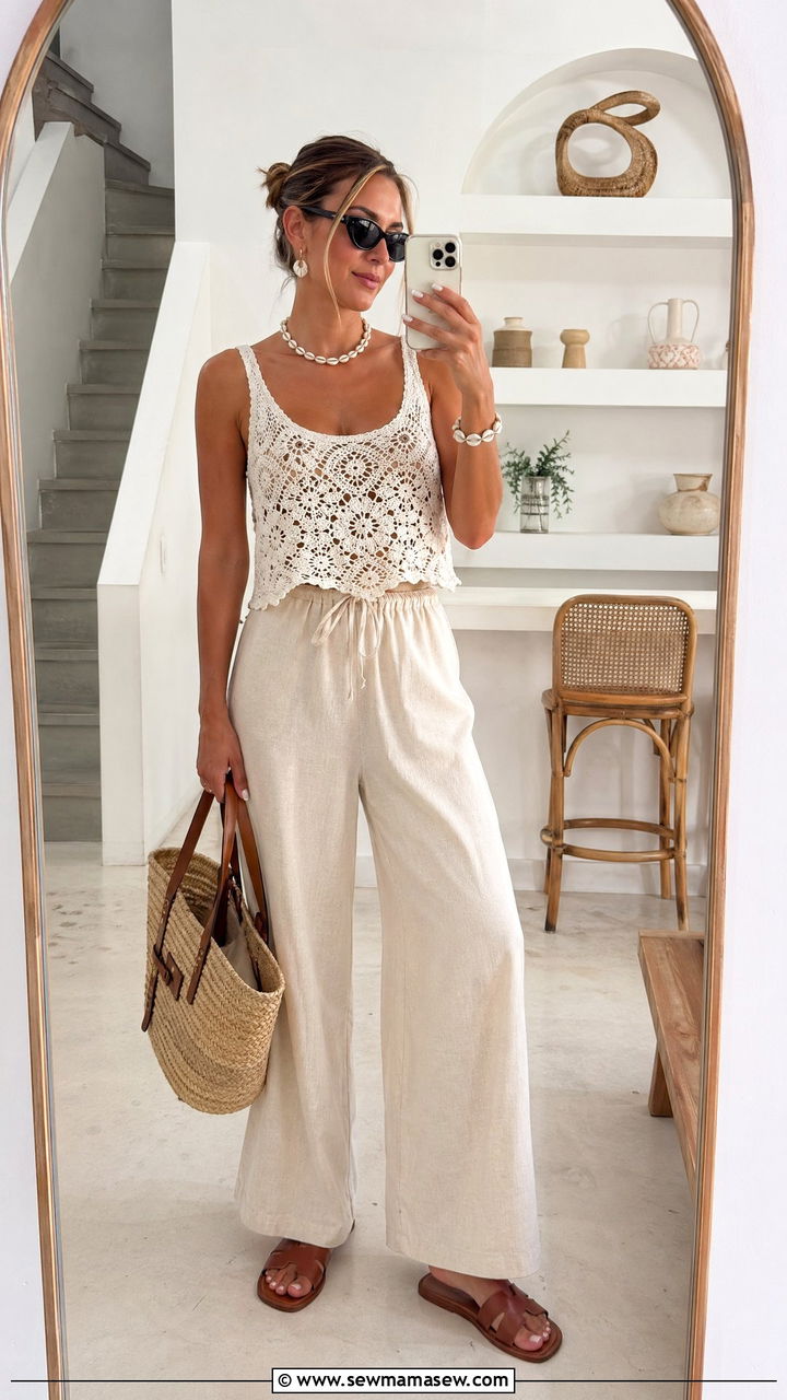 Crochet Top With Wide Leg Linen Pants - 35 spring boho outfits