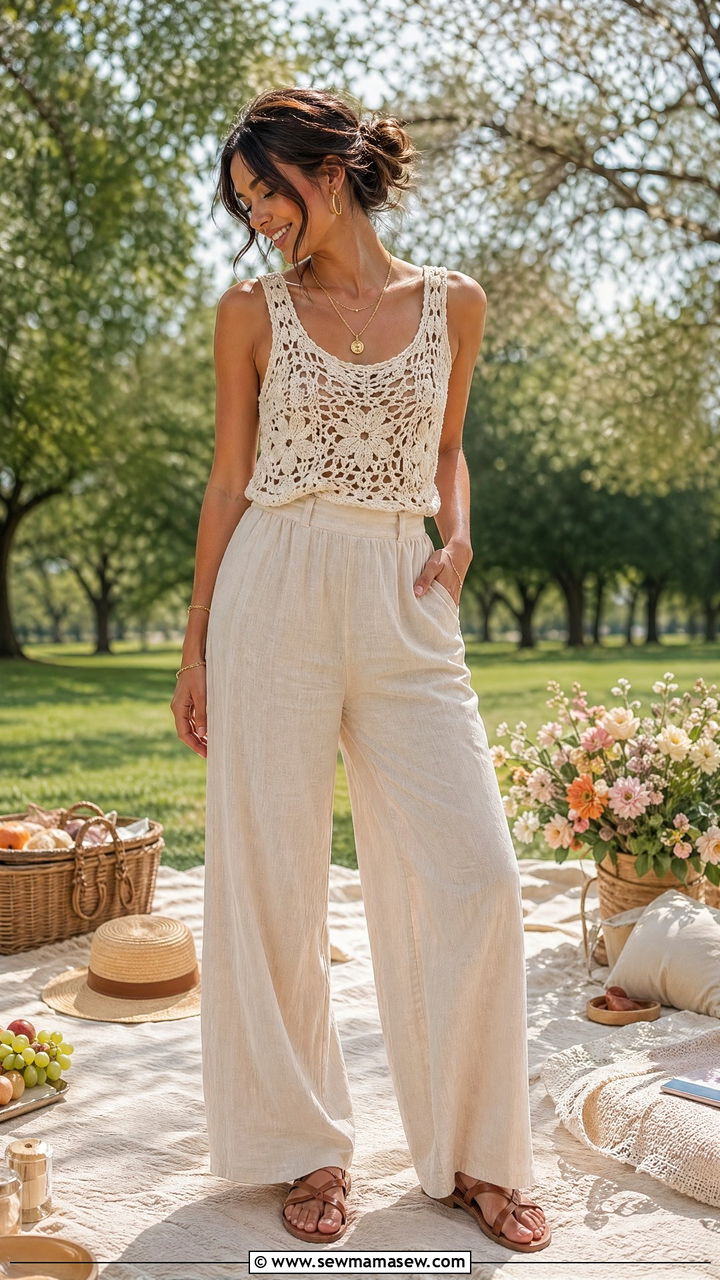 Crochet Top with Wide Leg Linen Pants - 35 Spring picnic outfit ideas