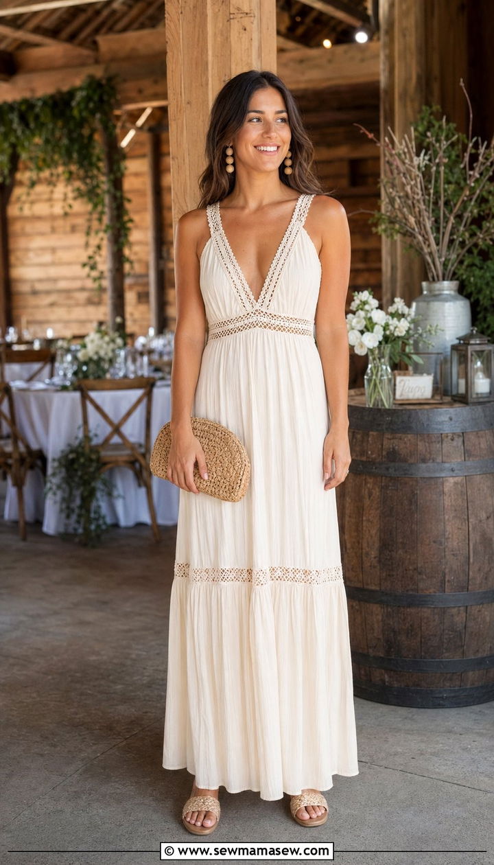 Crochet Trim Maxi Dress with Woven Accessories - 35 Outdoor wedding guest outfit ideas