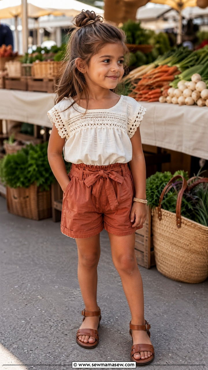 Crochet Trim Top and Paperbag Shorts Outfit - 35 Spring outfits for kids