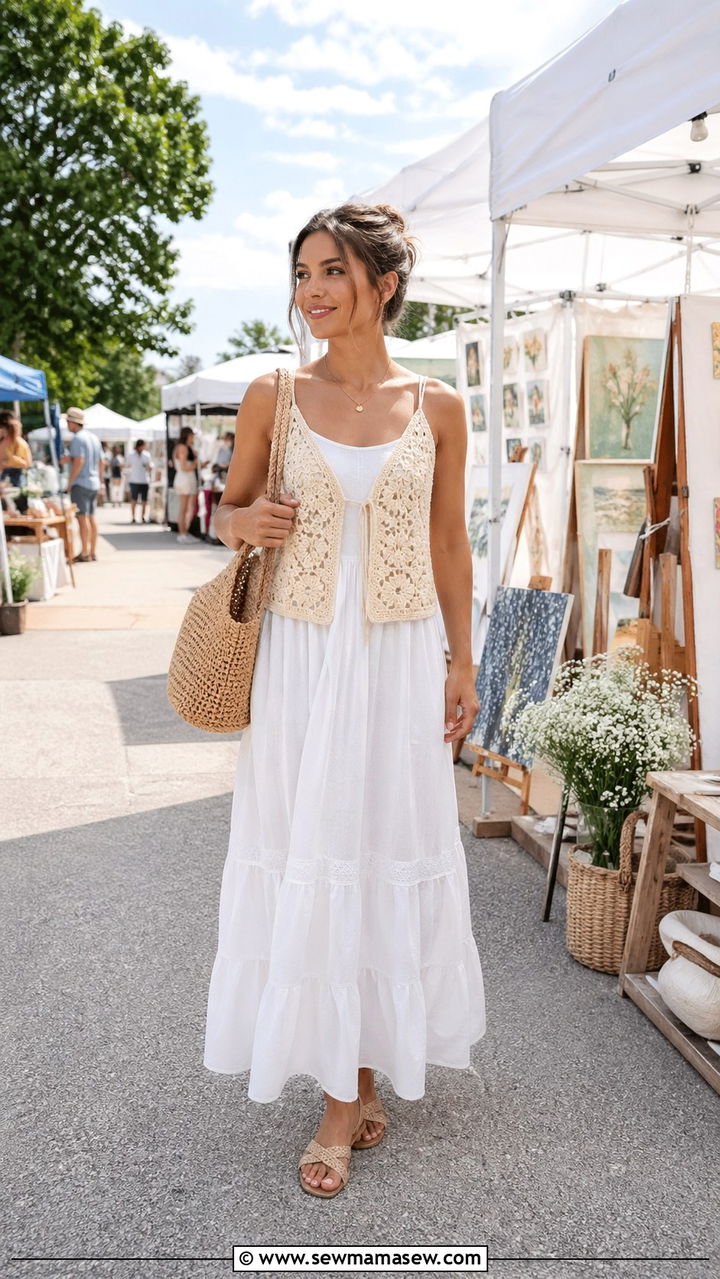 Crochet Vest Layered Over A Cotton Sundress With Woven Tote - 30 Soft girl summer outfits