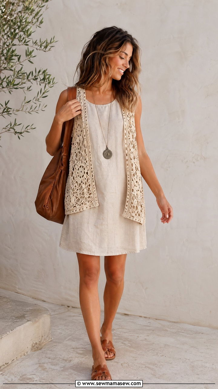 Crochet Vest Over Linen Dress - 35 spring boho outfits