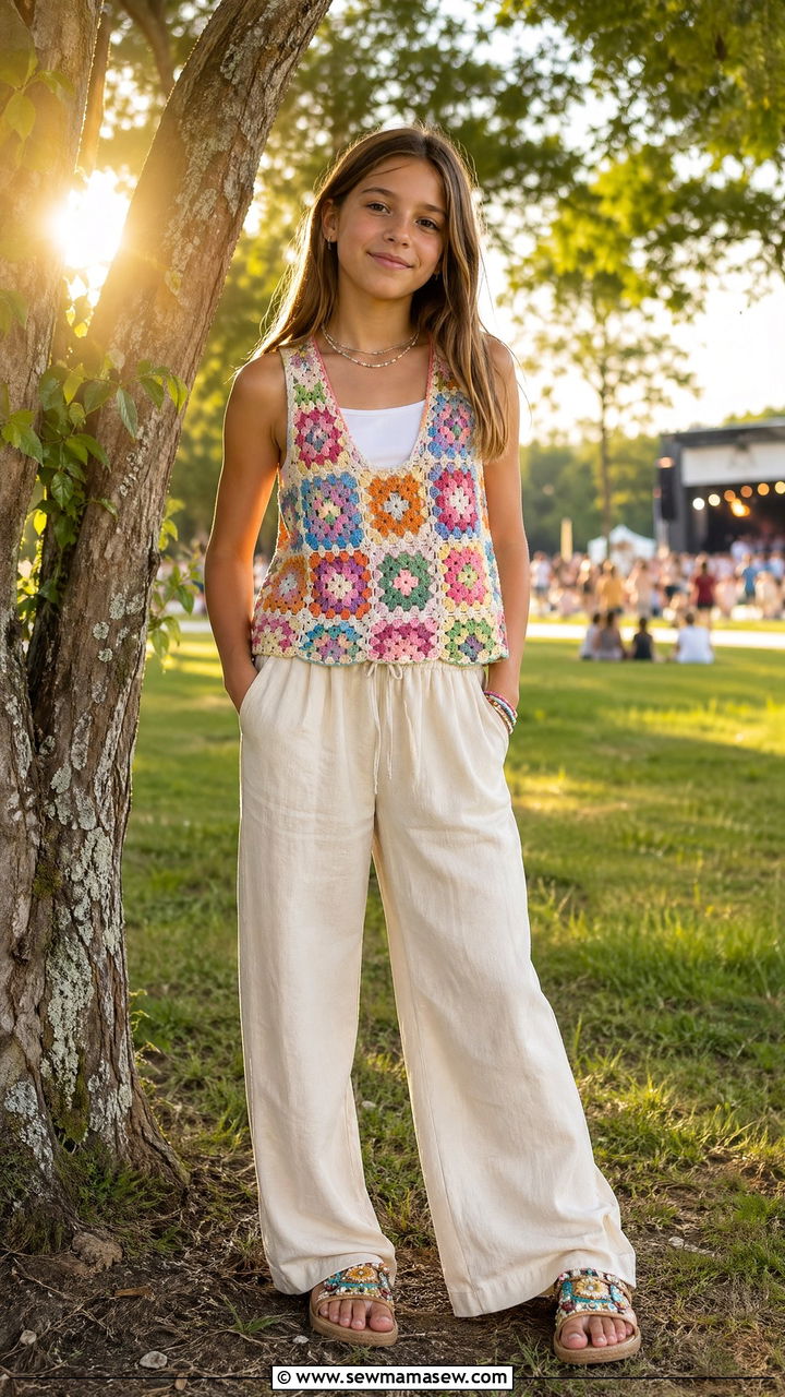 Crochet Vest and Wide Leg Trousers - 35 Summer outfits for tweens