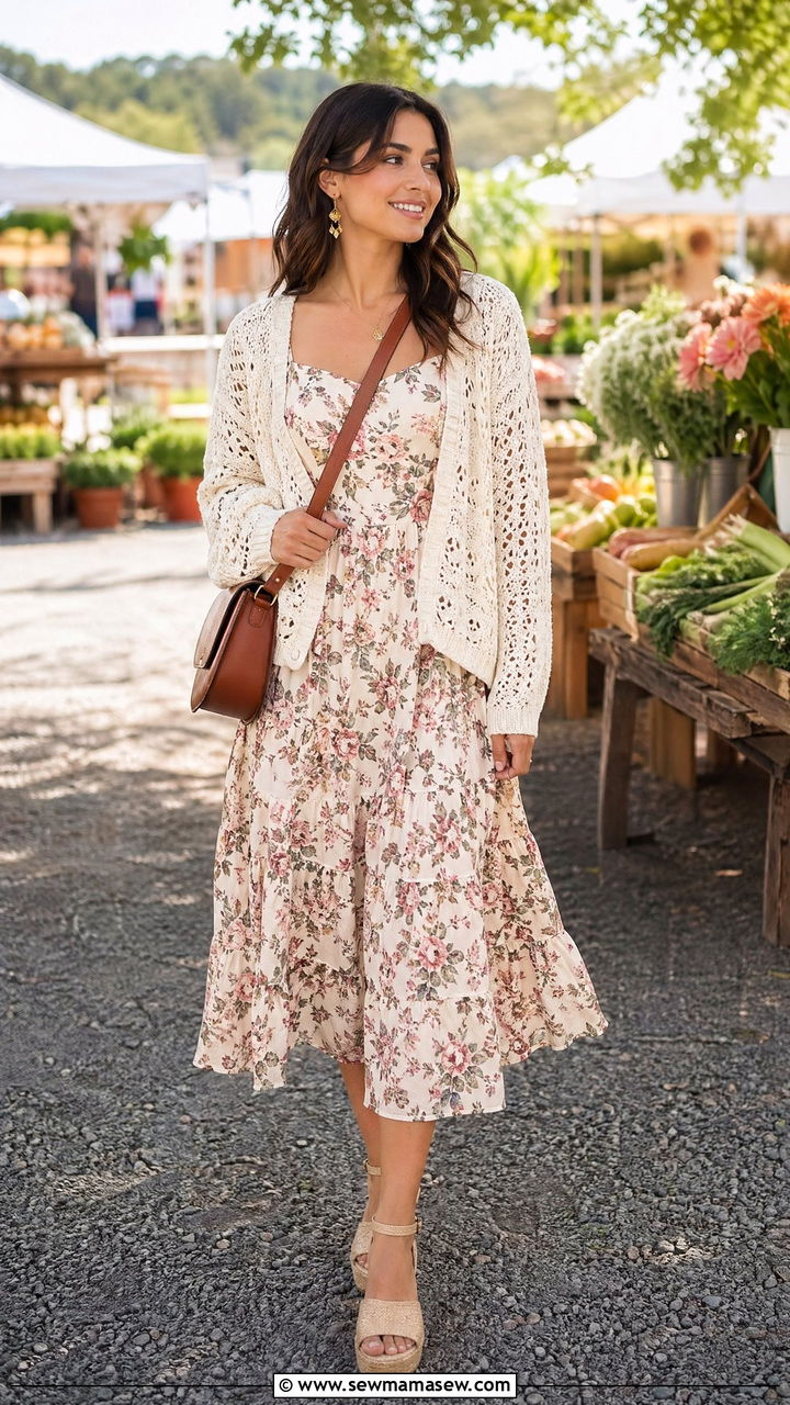 Crochet cardigan over a floral sundress - 35 spring romantic outfit ideas