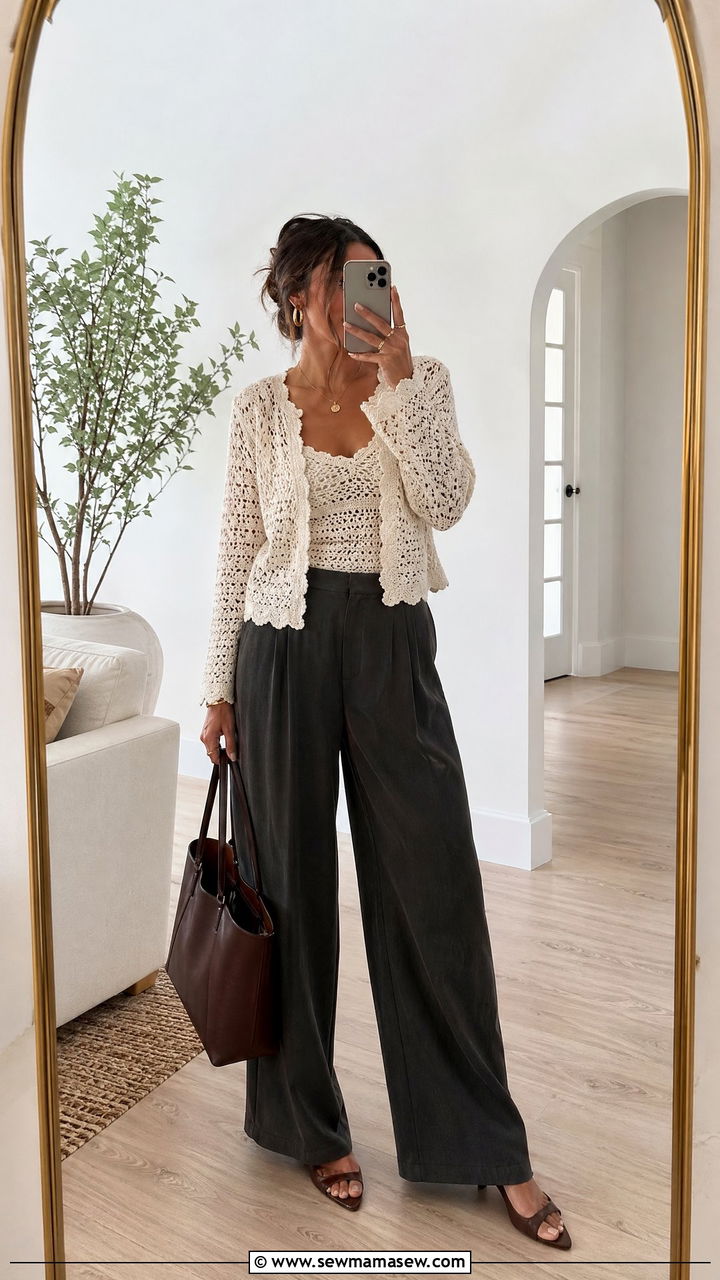 Crochet cardigan with wide leg trousers - 35 transitional boho outfit ideas