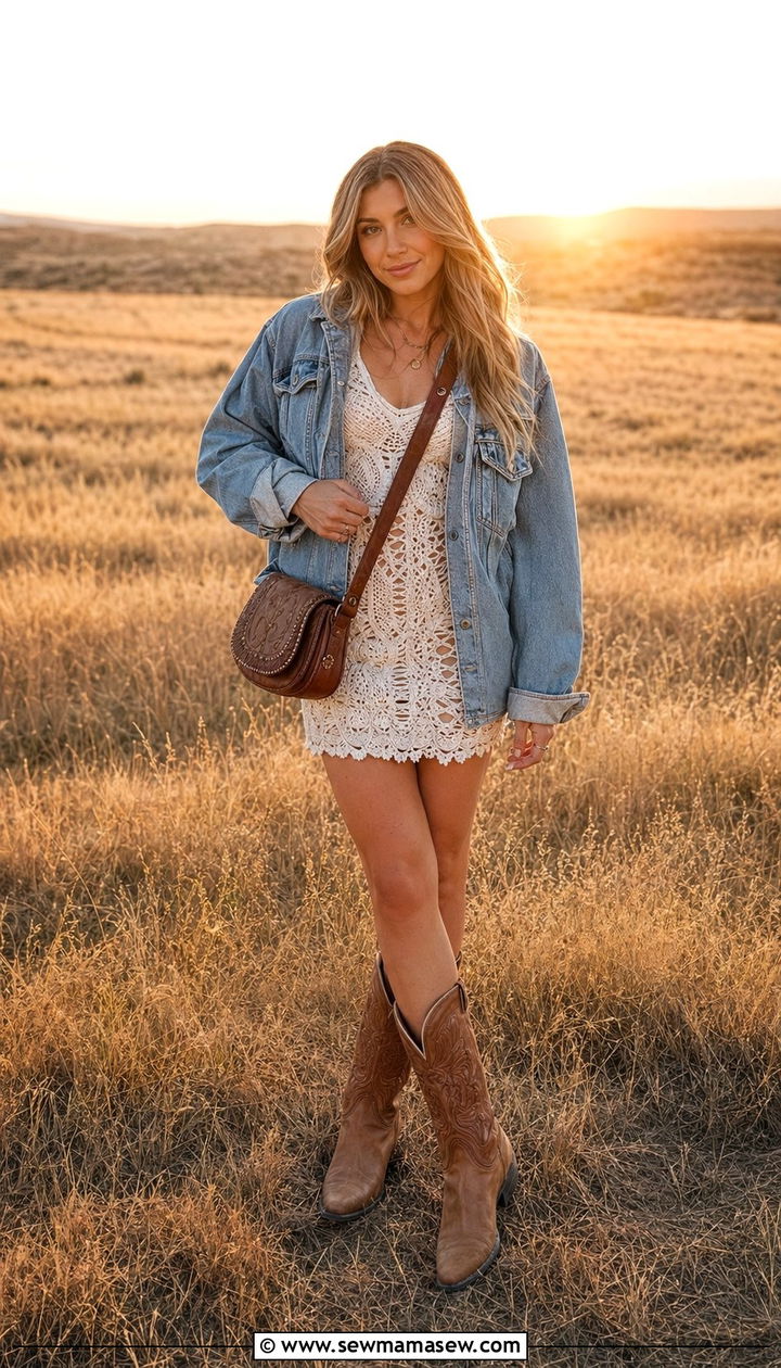 Crochet mini dress with cowboy boots - 30 Birthday photoshoot outfit ideas