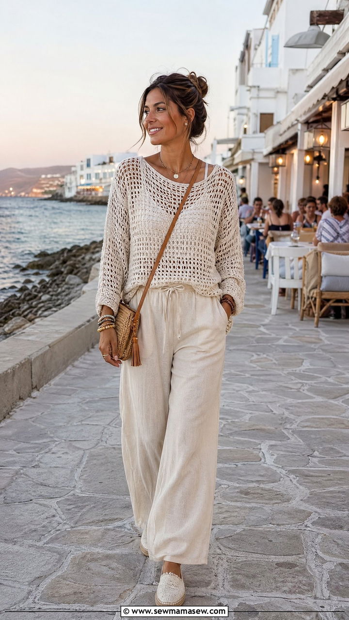 Crochet sweater summer outfit with linen pants - 35 Summer outfits with sweaters