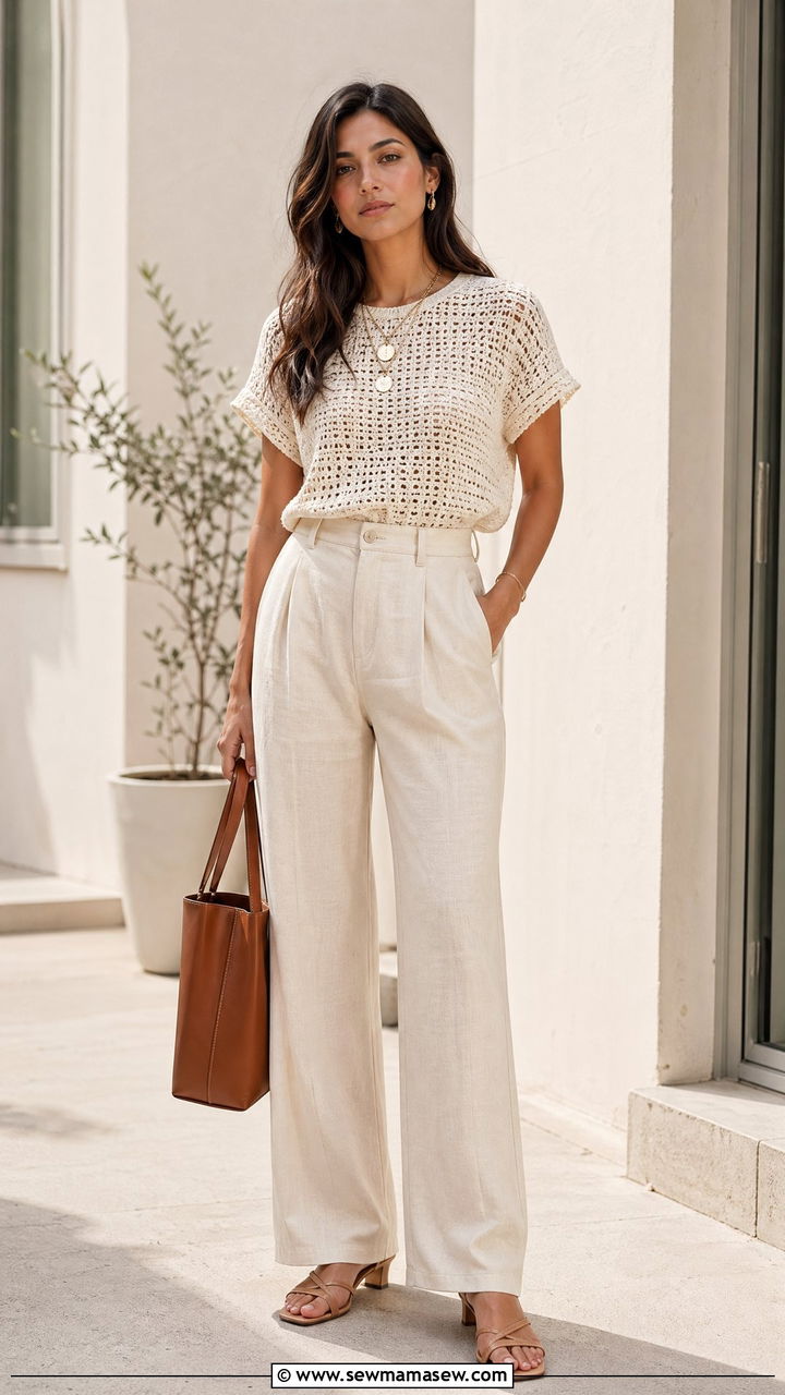 Crochet top and high waisted trousers - 35 Summer closet must haves