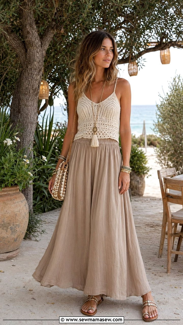 Crochet top and maxi skirt beach dinner outfit - 30 Beach outfit ideas for dinner