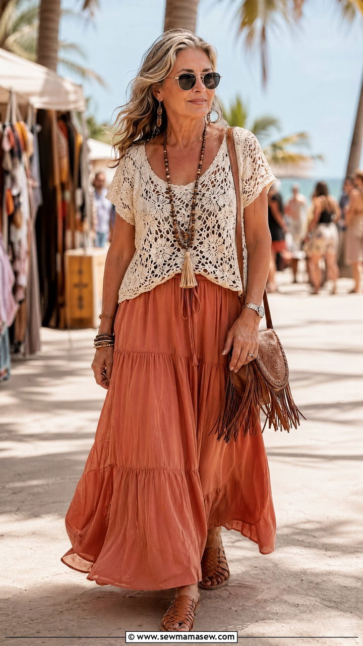 Crochet top and maxi skirt summer outfit for women over 50 - 35 What to wear in summer for women over 50