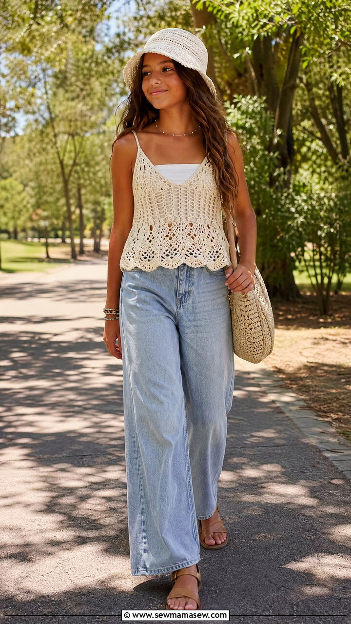 Crochet top and wide leg jeans middle school summer outfit - 35 Summer outfits for middle school