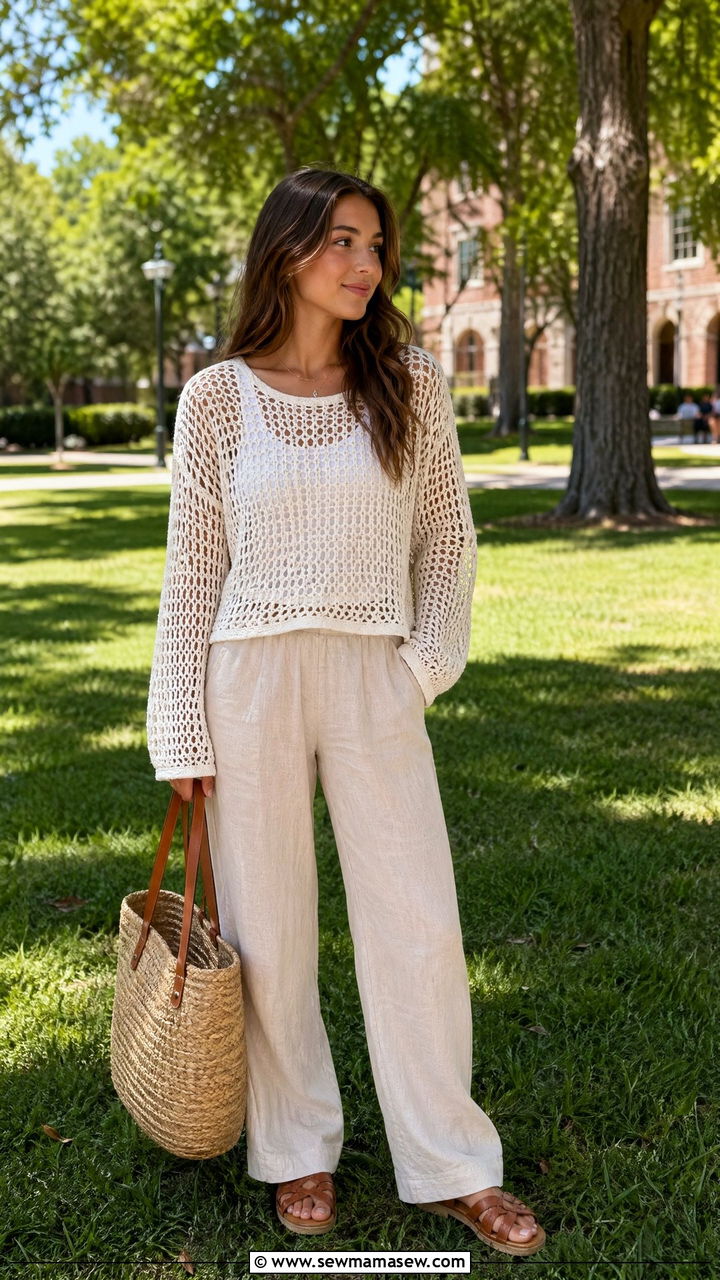 Crochet top over tank with wide leg linen pants and woven sandals - 35 cute college outfits
