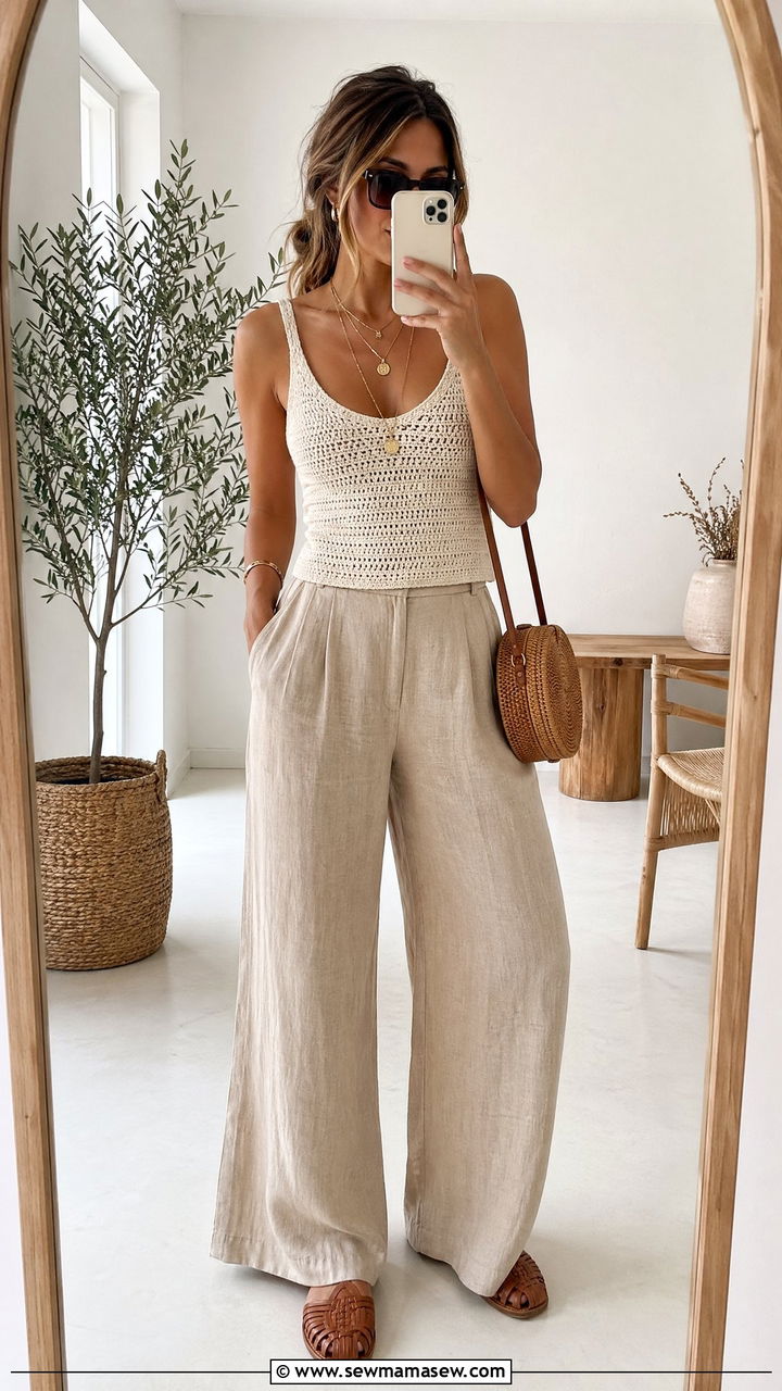 Crochet top with flowy linen pants - 35 transitional boho outfit ideas