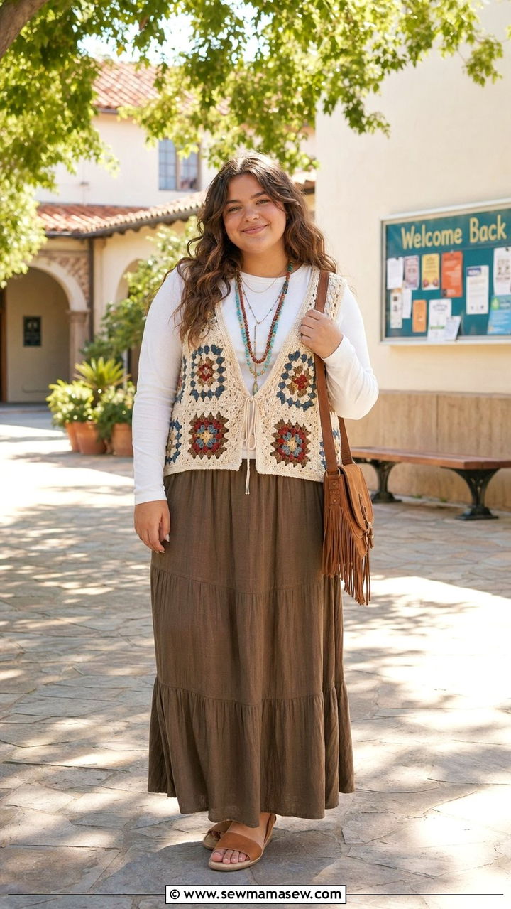 Crochet vest and maxi skirt outfit - 30 Back to school outfit ideas plus size teens