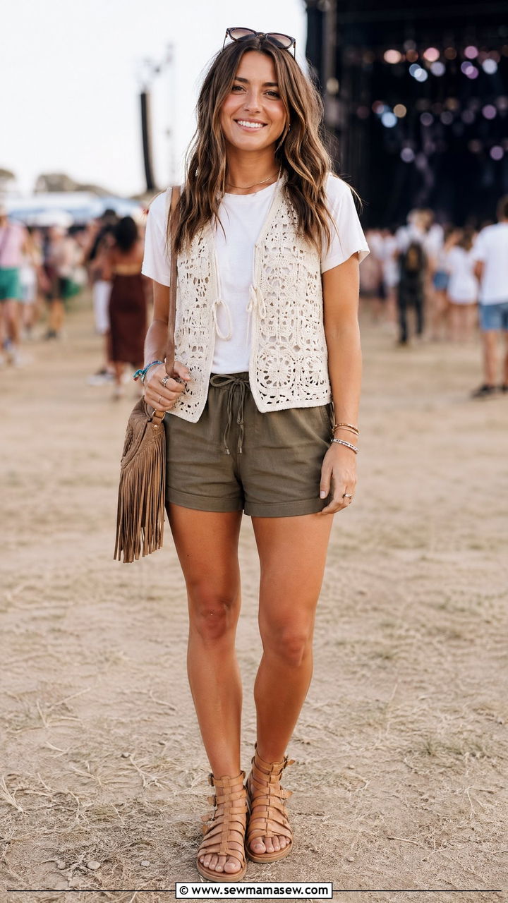 Crochet vest cardigan over a tee and shorts - 35 Summer outfits with cardigans