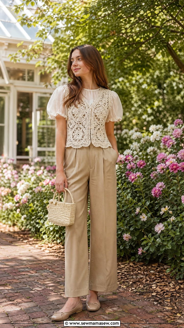 Crochet vest over a puff sleeve blouse with wide leg trousers - 35 Spring outfits for teenage girls