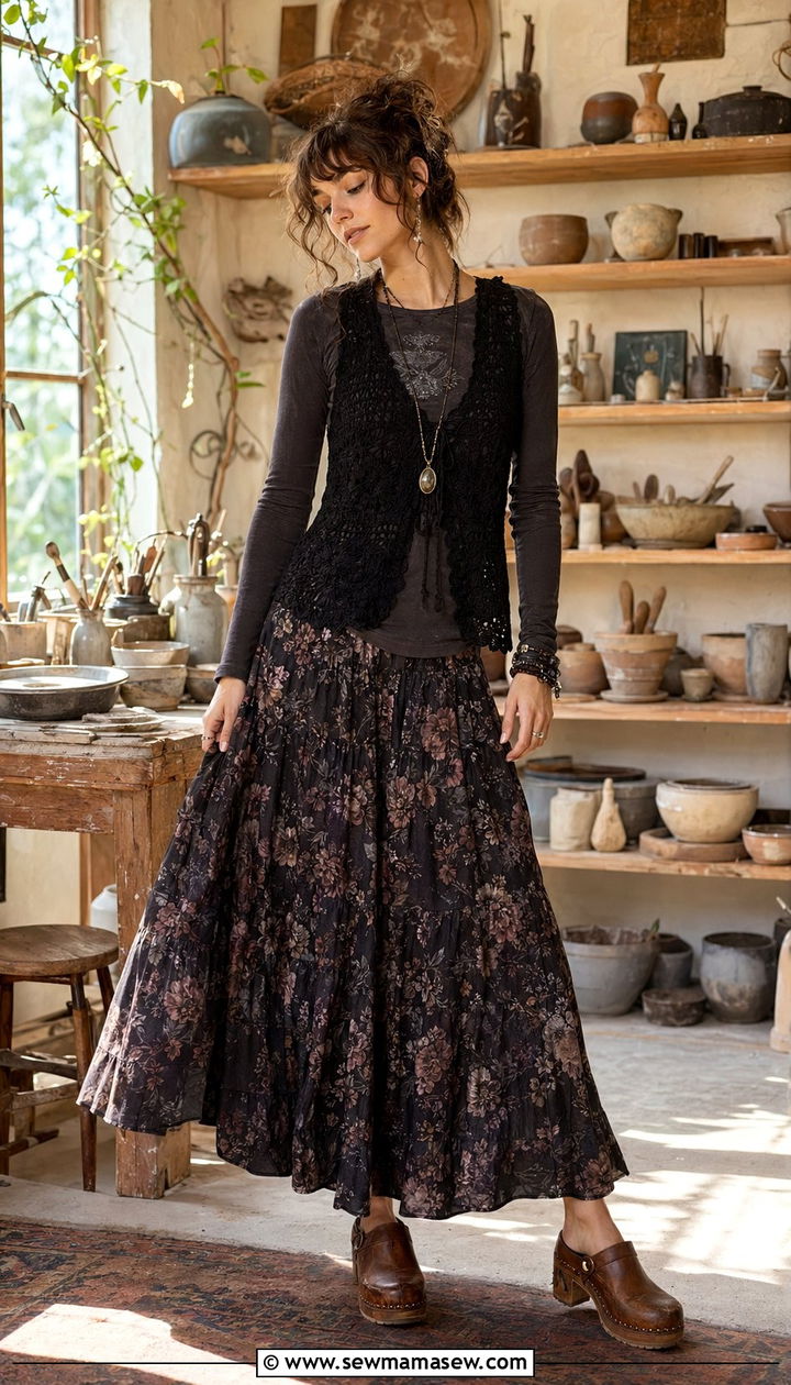 Crochet vest with a long sleeve tee and tiered maxi skirt - 30 Whimsigoth outfit ideas