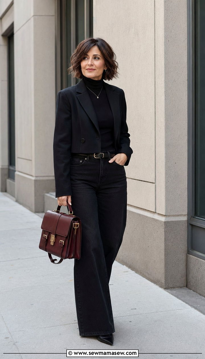 Crop Blazer With Black Wide Leg Jeans - 35 Petite outfit ideas for women over 40