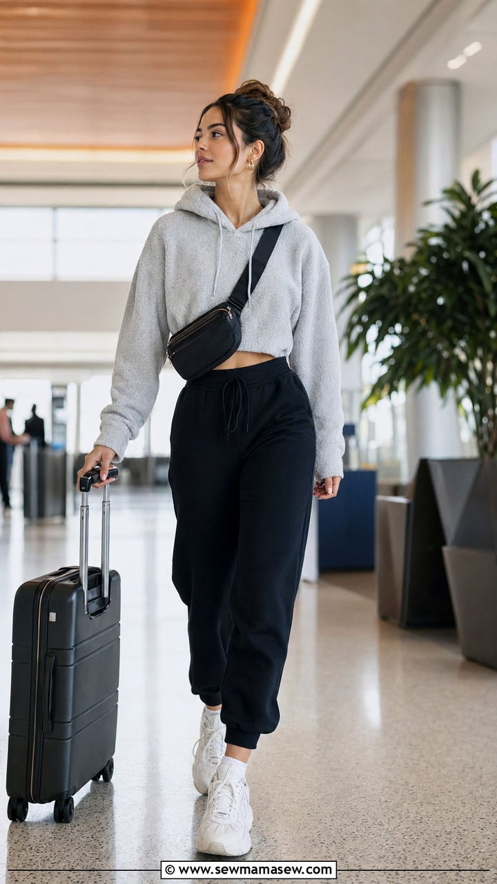 Crop Hoodie with High Waisted Joggers Airport Outfit - 30 airport outfits aesthetic