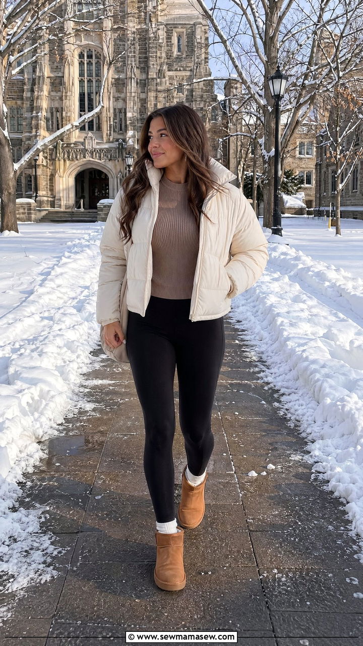 Crop Puffer Jacket over Knit Sweater with UGG Boots - 35 college outfits ideas