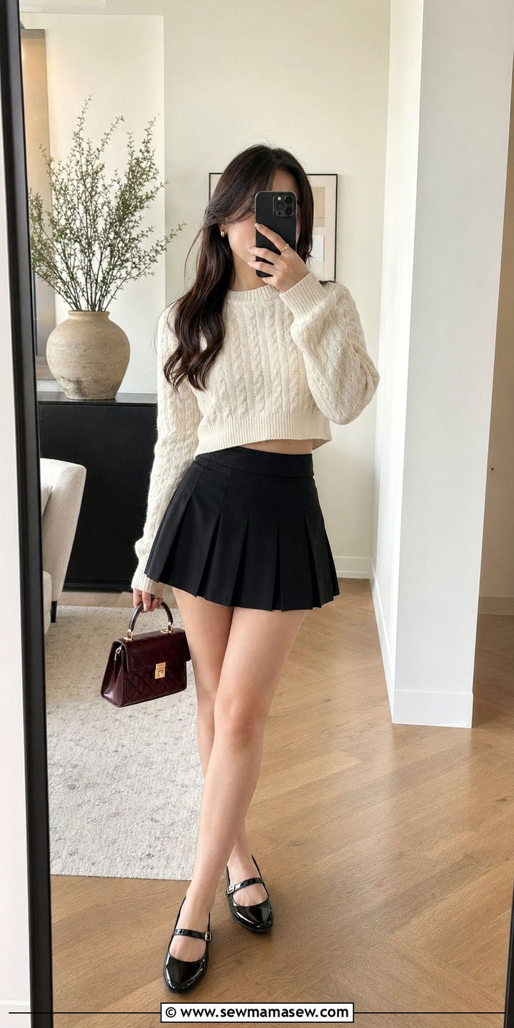 Crop Sweater with Pleated Mini Skirt and Mary Janes - 35 Outfit ideas for short women